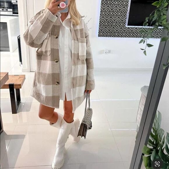Oversized Shirt Plaid Jacket Shacket Neutrals New - Picture 8 of 16